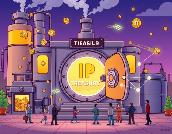 A cartoon illustration showing Heritage Distilling securing a significant Private Placement deal to build its IP tokens treasury.