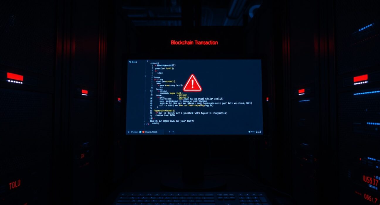 Server room with monitor showing a blockchain error screen after the HermesVault ALGO hack