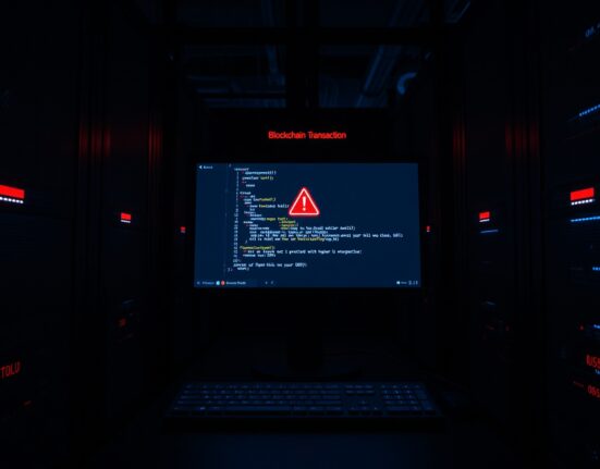 Server room with monitor showing a blockchain error screen after the HermesVault ALGO hack