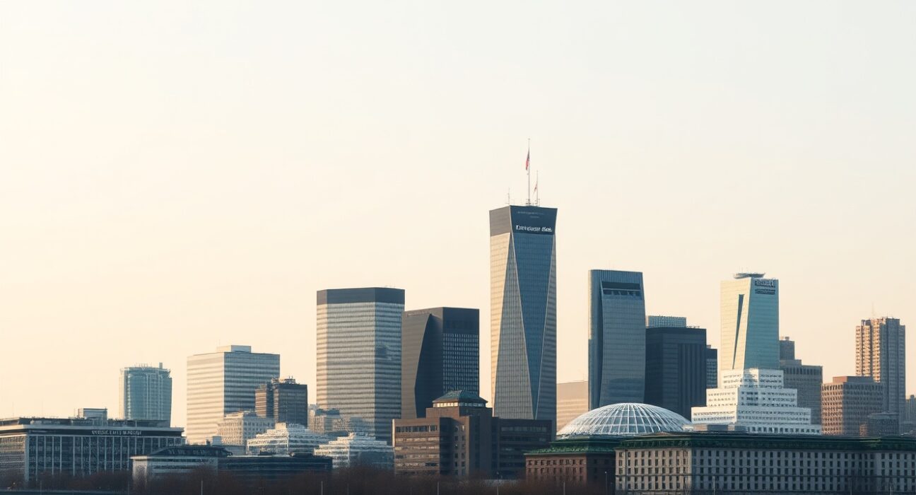 Frankfurt skyline, Germany's financial center, on a cloudy day, representing economic conditions in the state of Hesse.