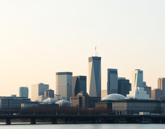 Frankfurt skyline, Germany's financial center, on a cloudy day, representing economic conditions in the state of Hesse.