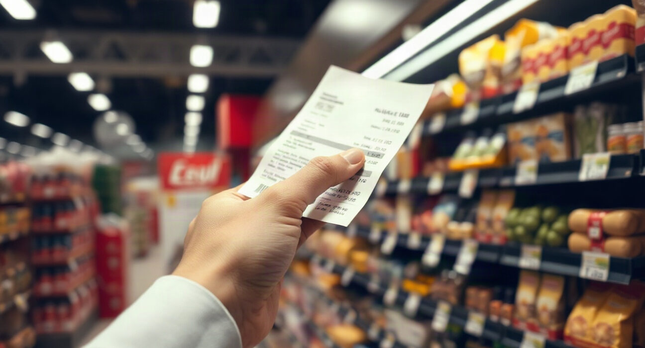 Shopper examining price tags in a German supermarket, illustrating rising inflation in Hesse.