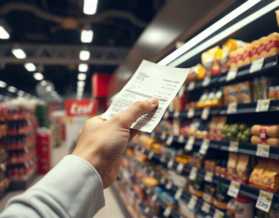 Shopper examining price tags in a German supermarket, illustrating rising inflation in Hesse.