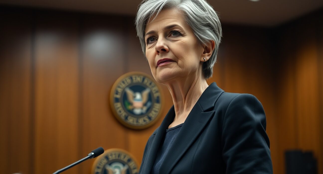 SEC Commissioner Hester Peirce at a podium in a hearing room, looking serious