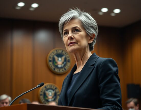 SEC Commissioner Hester Peirce at a podium in a hearing room, looking serious