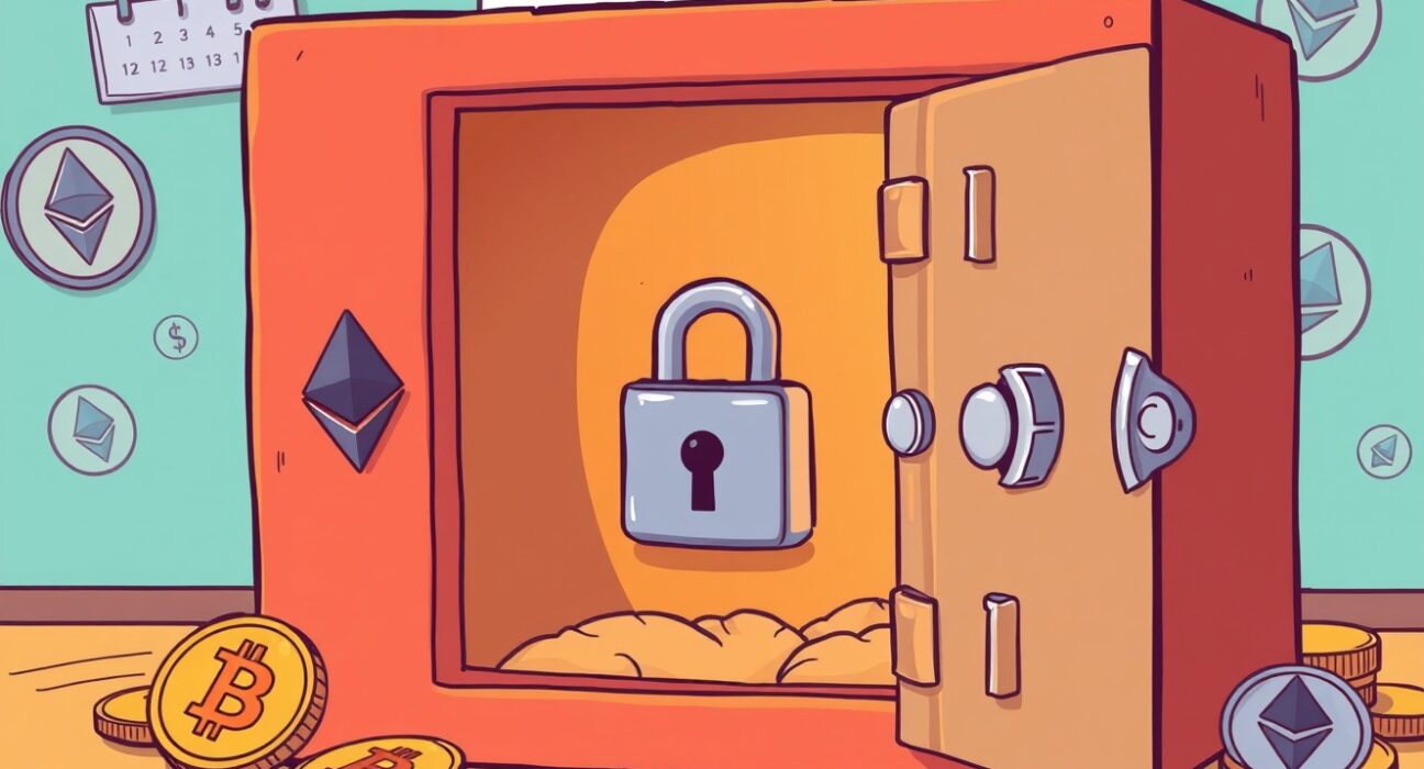 Illustration of the Heybit shutdown showing a locked digital crypto vault with a 2026 calendar.