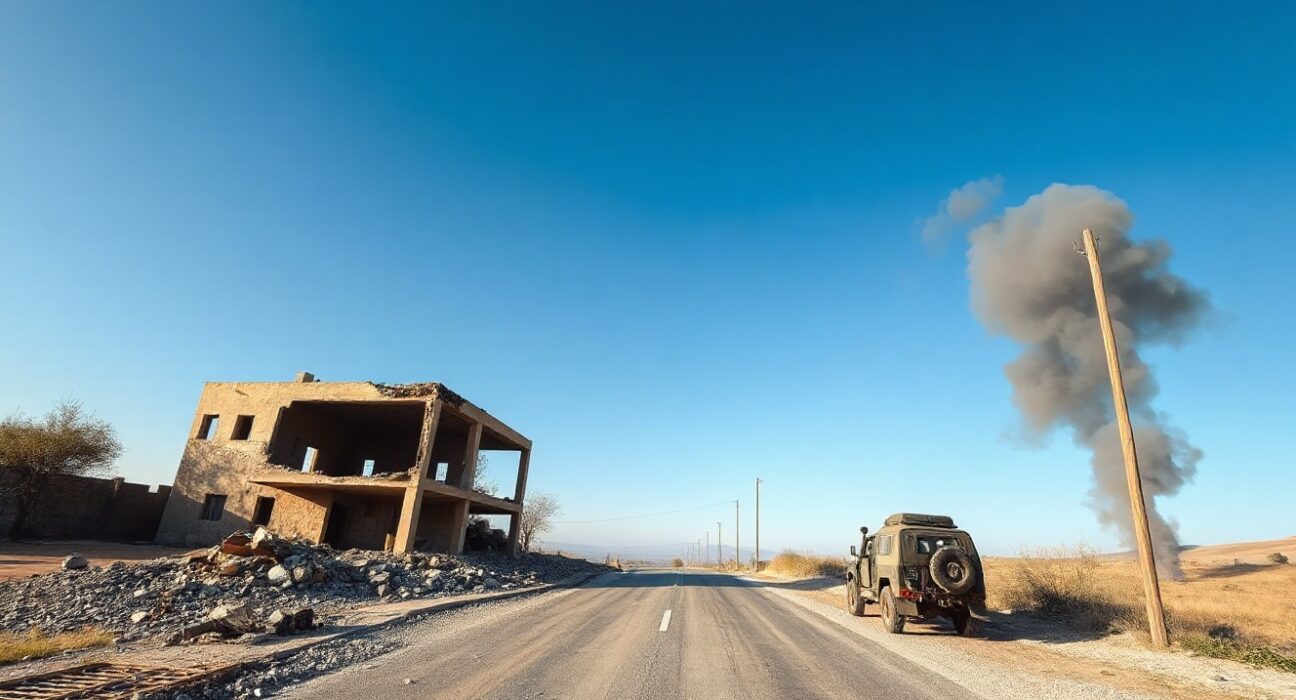 A destroyed building and a damaged road in a rural area of southern Lebanon, with smoke rising in the distance.