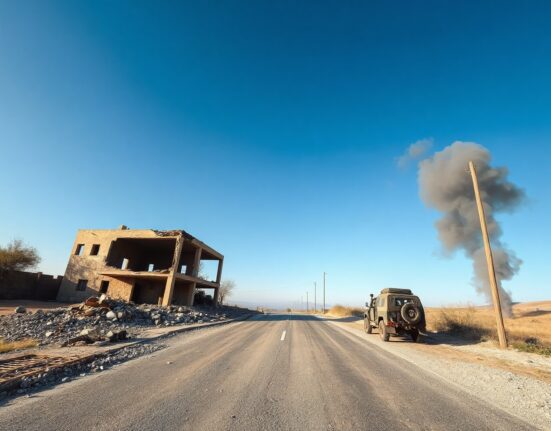 A destroyed building and a damaged road in a rural area of southern Lebanon, with smoke rising in the distance.