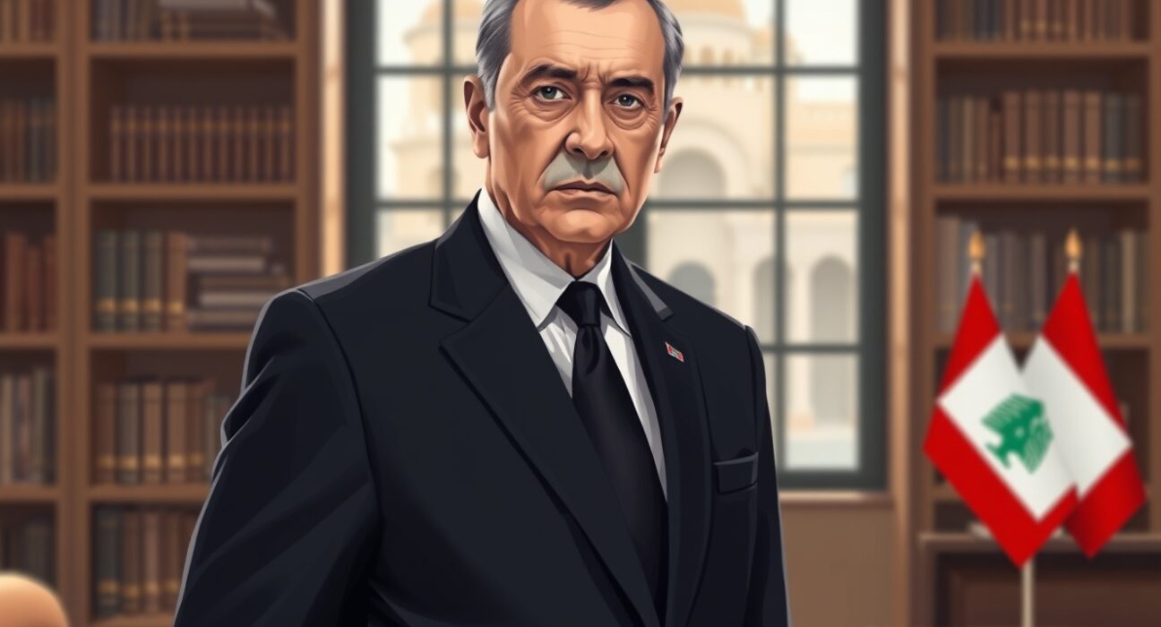 Portrait representing Hezbollah deputy leader Naim Qassem in a formal setting.