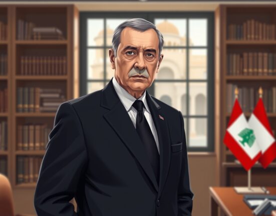 Portrait representing Hezbollah deputy leader Naim Qassem in a formal setting.