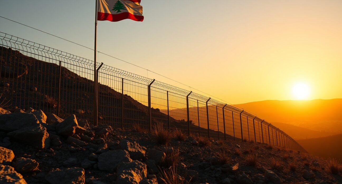Hezbollah flag near Lebanon-Israel border fence as group rejects diplomatic agreement.