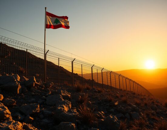 Hezbollah flag near Lebanon-Israel border fence as group rejects diplomatic agreement.