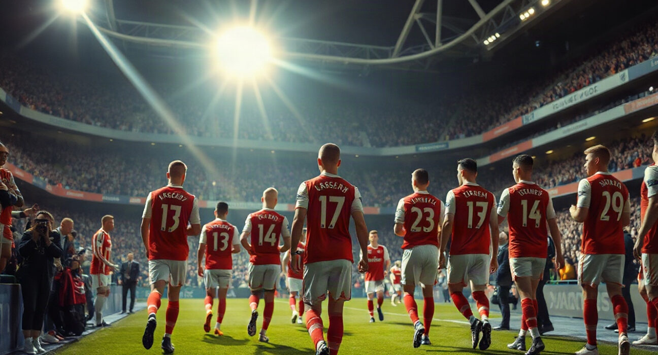 Arsenal players walk onto the pitch before a match, with HFM branding visible around the stadium.