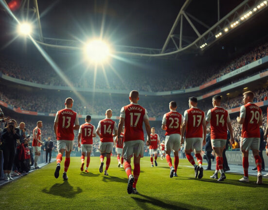 Arsenal players walk onto the pitch before a match, with HFM branding visible around the stadium.