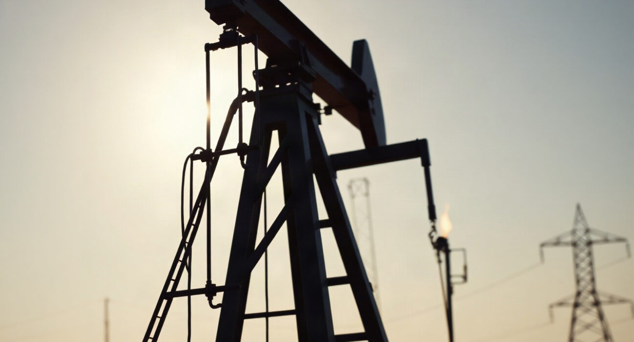 Oil pump jack with electrical tower and gas flame in background