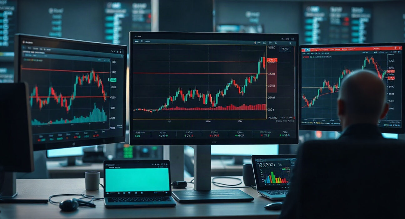 Analyst monitors showing yield curves and dollar index charts on a trading floor