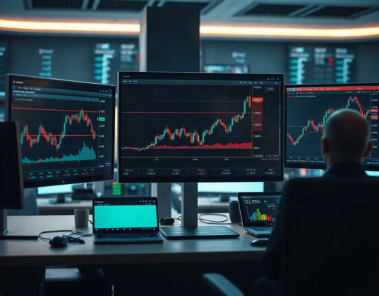 Analyst monitors showing yield curves and dollar index charts on a trading floor