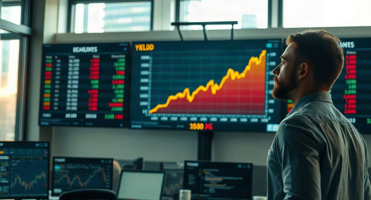 Financial analyst reviewing rising bond yield charts on a screen in a modern office.