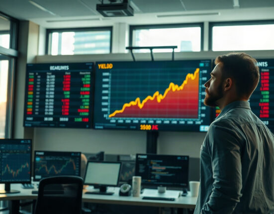 Financial analyst reviewing rising bond yield charts on a screen in a modern office.