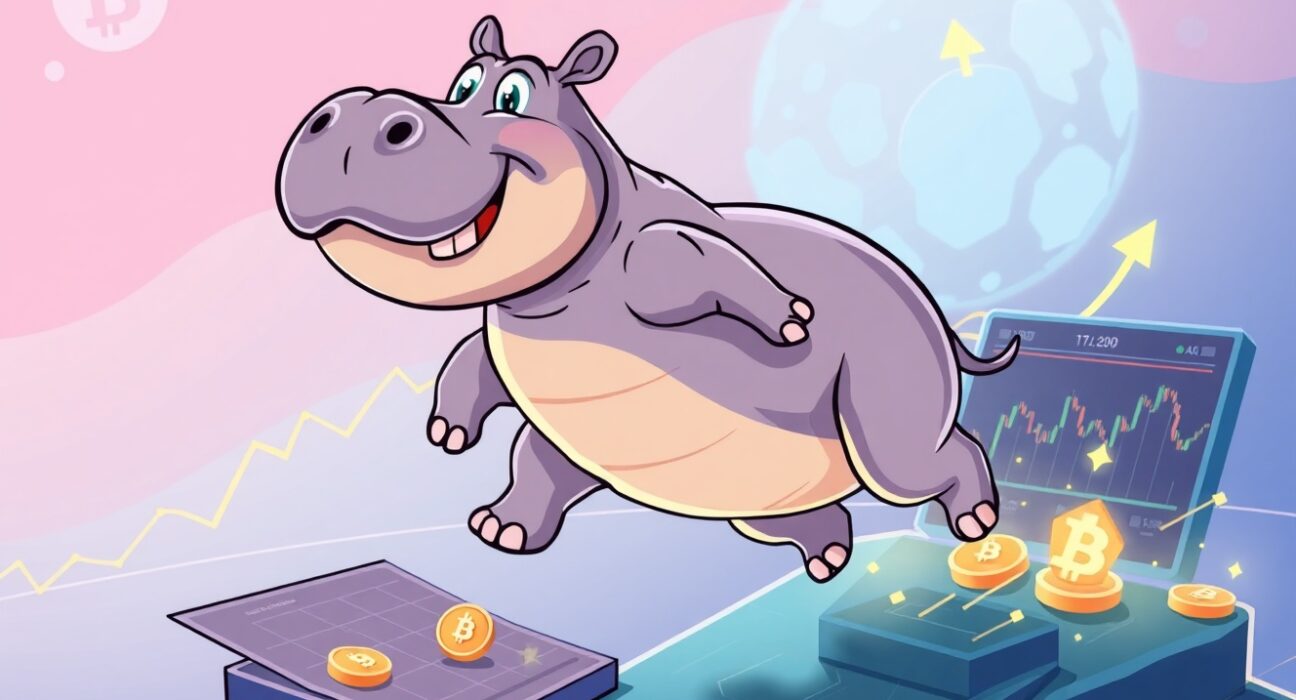 Cartoon hippo character symbolizes the exciting new Hippo Protocol listing on a major crypto exchange, indicating growth and trading opportunities.