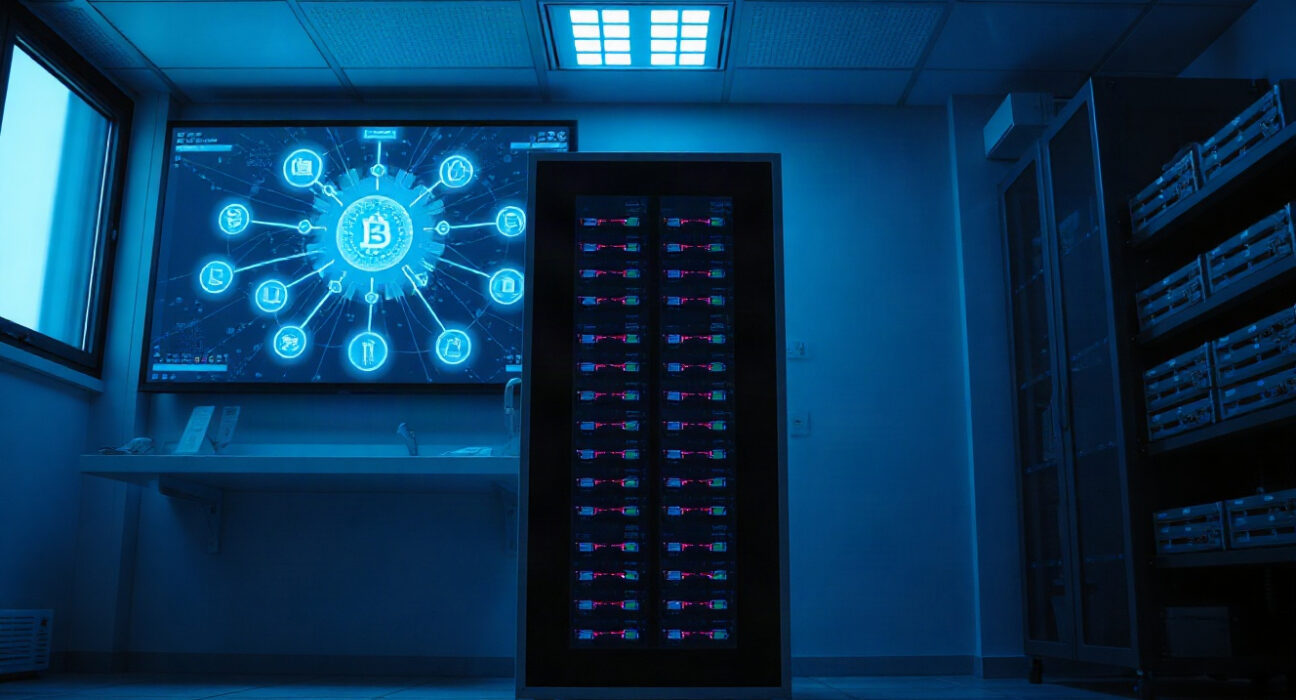 Hospital server room with blockchain network display highlighting data security