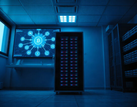 Hospital server room with blockchain network display highlighting data security