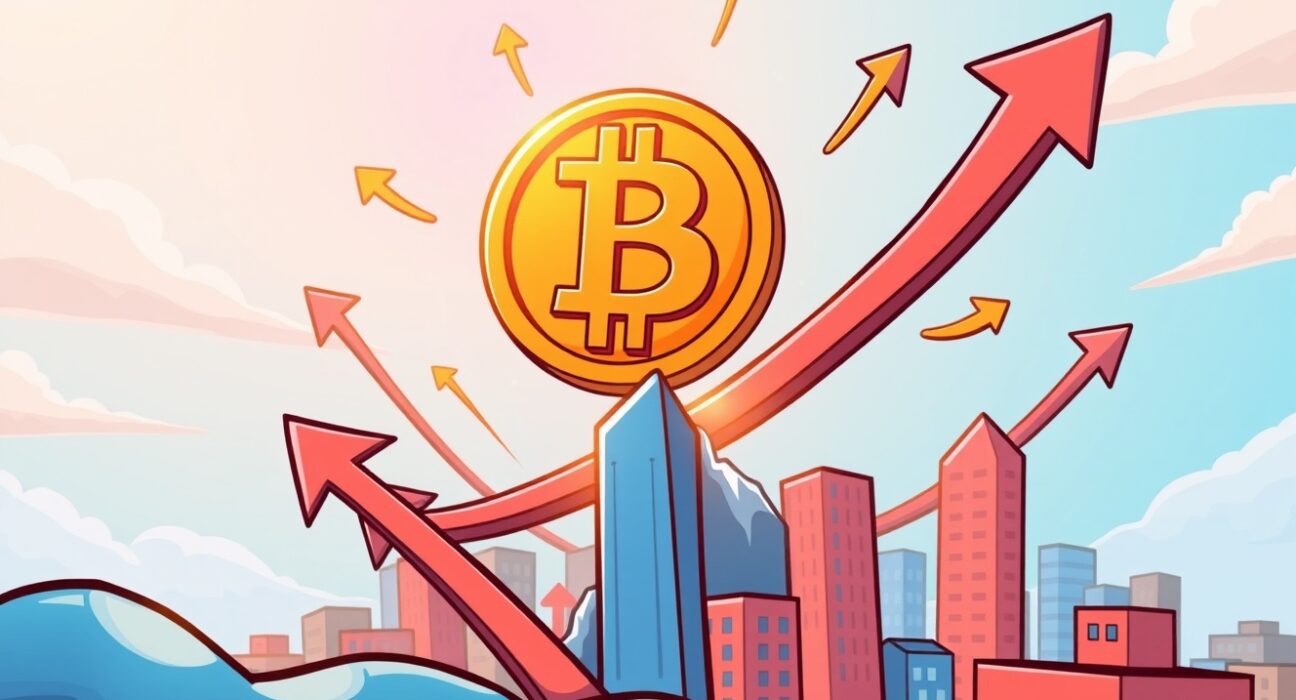 A cartoon illustration showing the BTC price surge with Bitcoin flying high, symbolizing market growth and optimism.