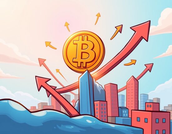 A cartoon illustration showing the BTC price surge with Bitcoin flying high, symbolizing market growth and optimism.