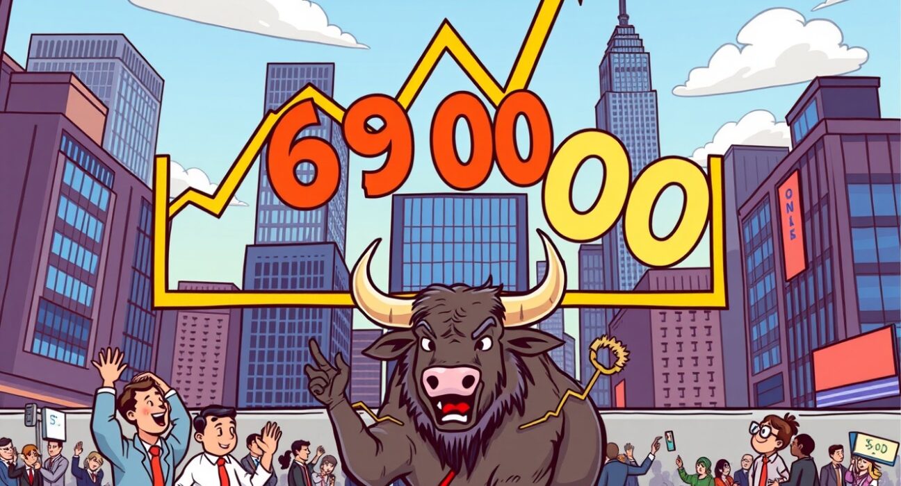 A cartoon bull market illustration showing the S&P 500 index soaring past 6900, symbolizing a historic financial milestone.