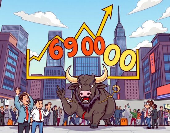 A cartoon bull market illustration showing the S&P 500 index soaring past 6900, symbolizing a historic financial milestone.
