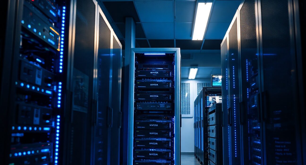 Interior of a modern data center with rows of GPU servers, illustrating HIVE Digital's AI cloud expansion.