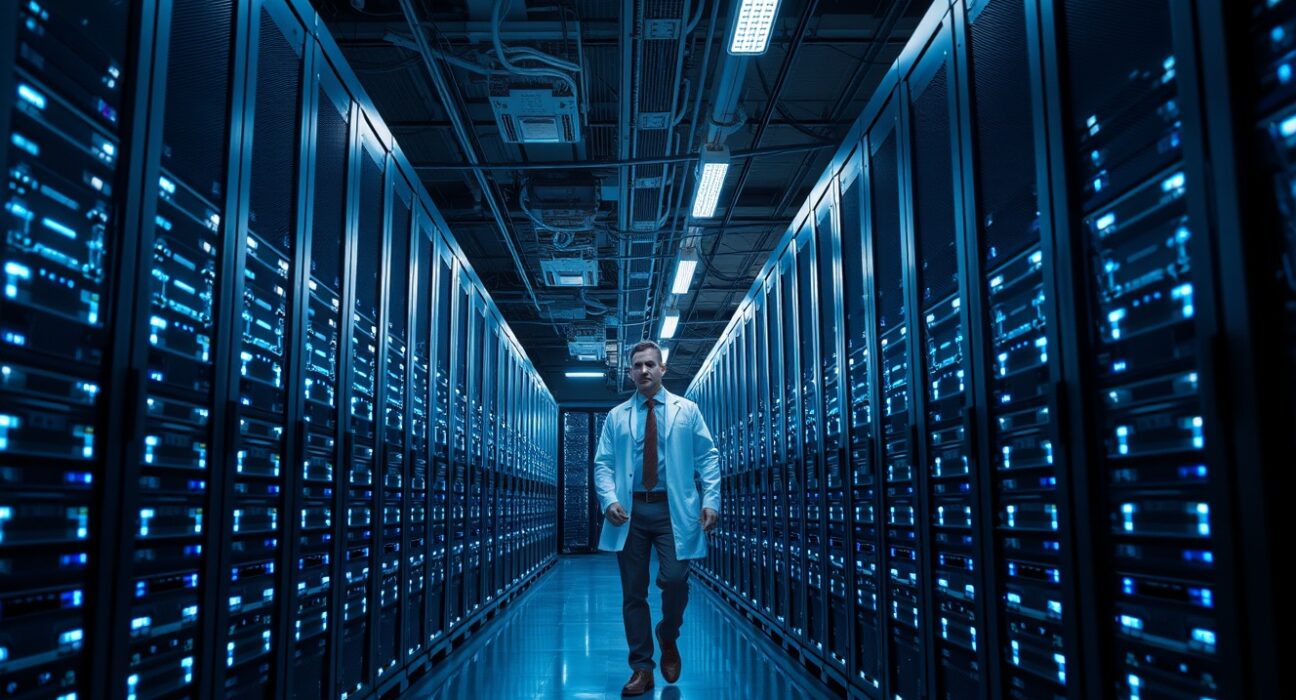 Technician inspecting GPU servers and Bitcoin mining rigs in a modern data center