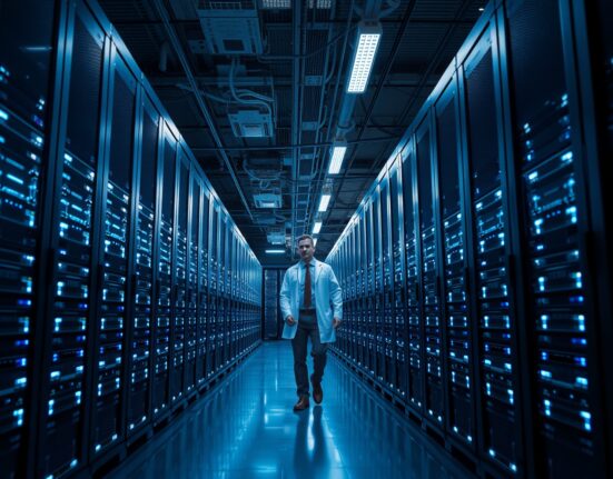 Technician inspecting GPU servers and Bitcoin mining rigs in a modern data center