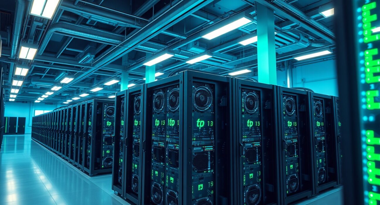 Interior of a large Bitcoin mining facility with rows of mining rigs.