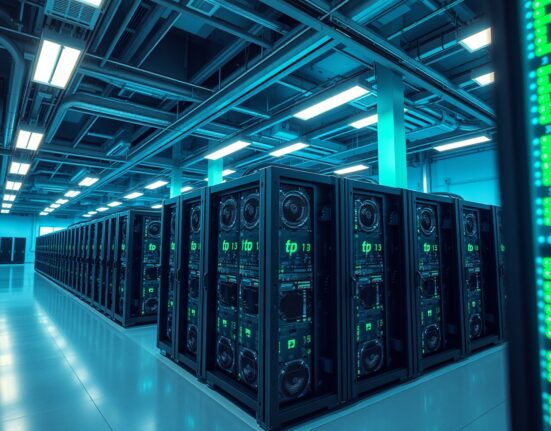 Interior of a large Bitcoin mining facility with rows of mining rigs.