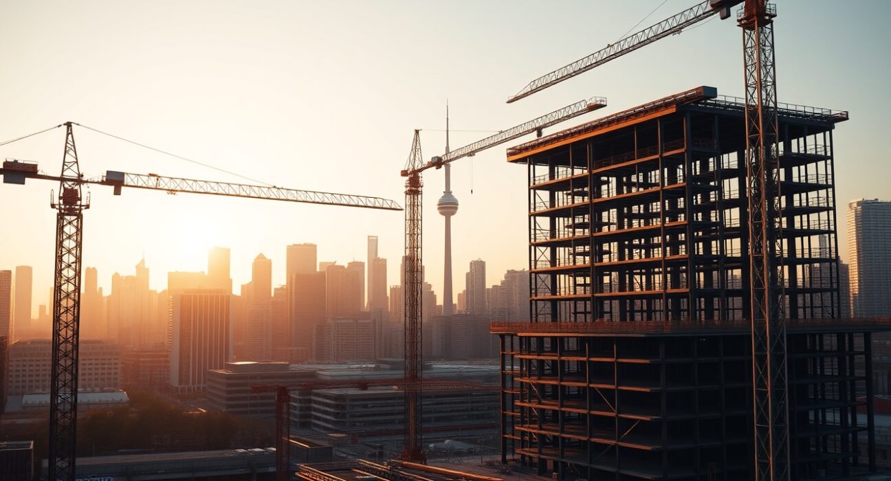 Construction site of a large AI data center with Toronto skyline in the background