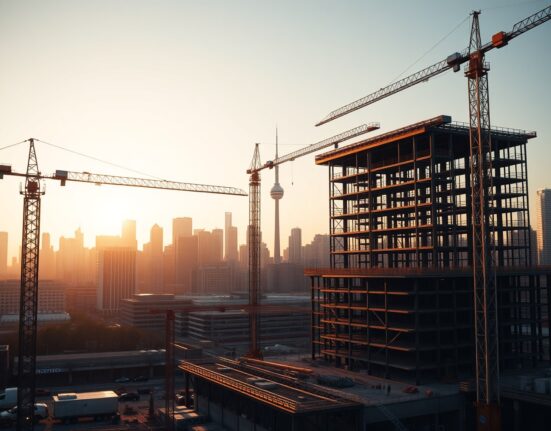 Construction site of a large AI data center with Toronto skyline in the background