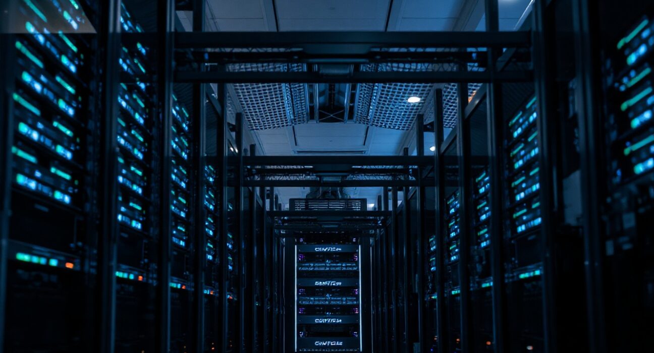 Modern data center with rows of GPU server racks emitting blue light, representing AI infrastructure.