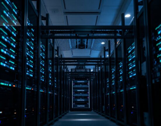 Modern data center with rows of GPU server racks emitting blue light, representing AI infrastructure.