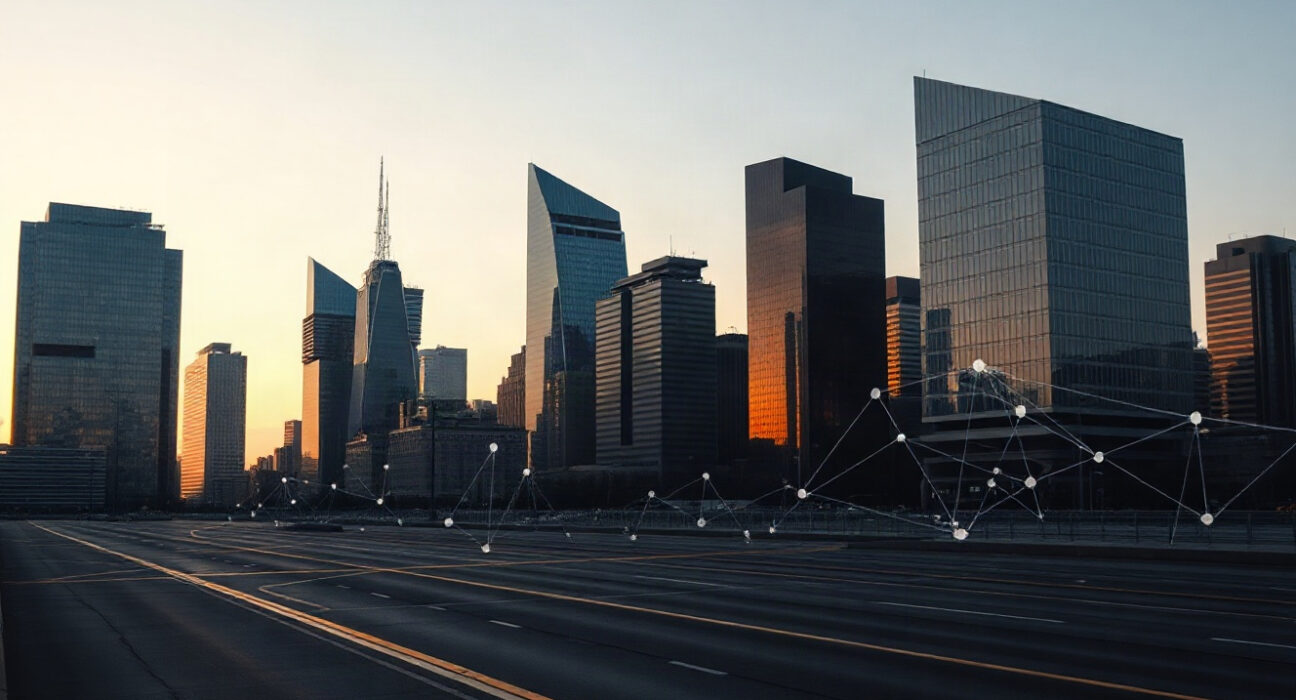 Modern financial district skyline at dusk with subtle blockchain network overlay