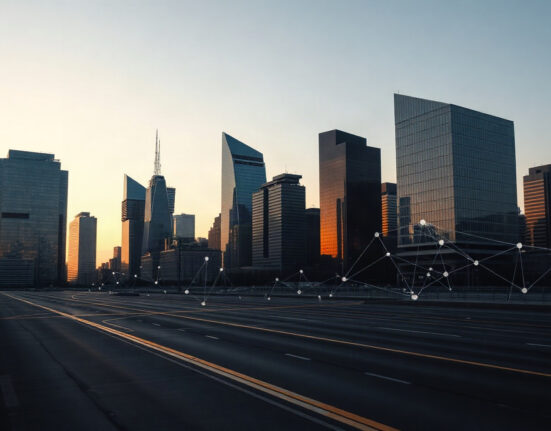 Modern financial district skyline at dusk with subtle blockchain network overlay