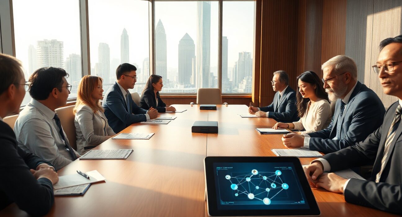 Financial professionals meeting in Hong Kong with digital bond tokenization displayed on a tablet.