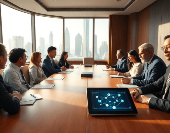 Financial professionals meeting in Hong Kong with digital bond tokenization displayed on a tablet.