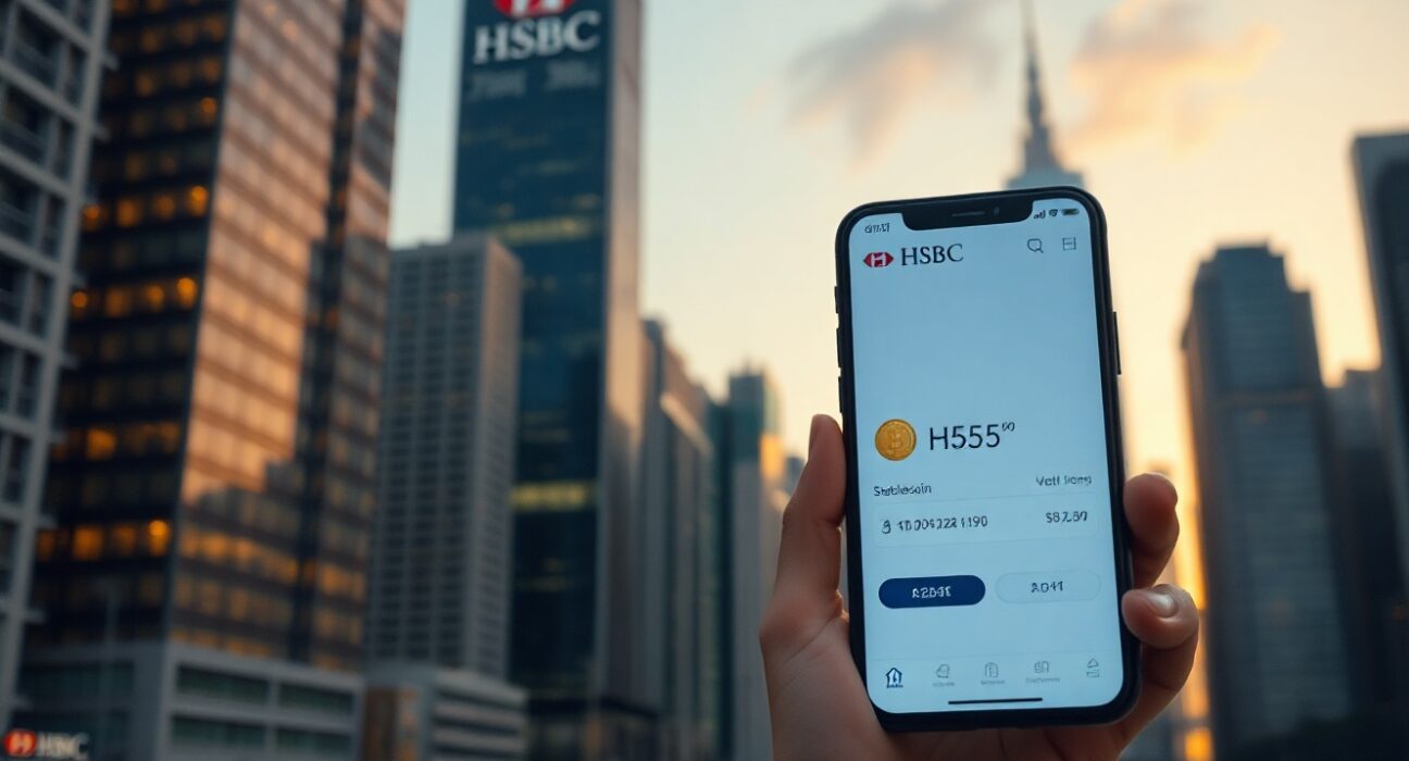 Hong Kong skyline at dusk with HSBC building and a smartphone displaying a stablecoin wallet
