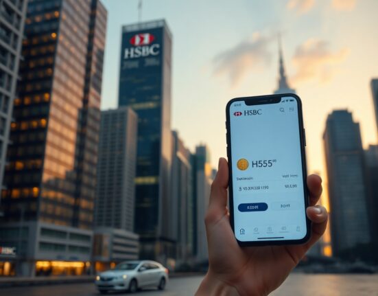 Hong Kong skyline at dusk with HSBC building and a smartphone displaying a stablecoin wallet