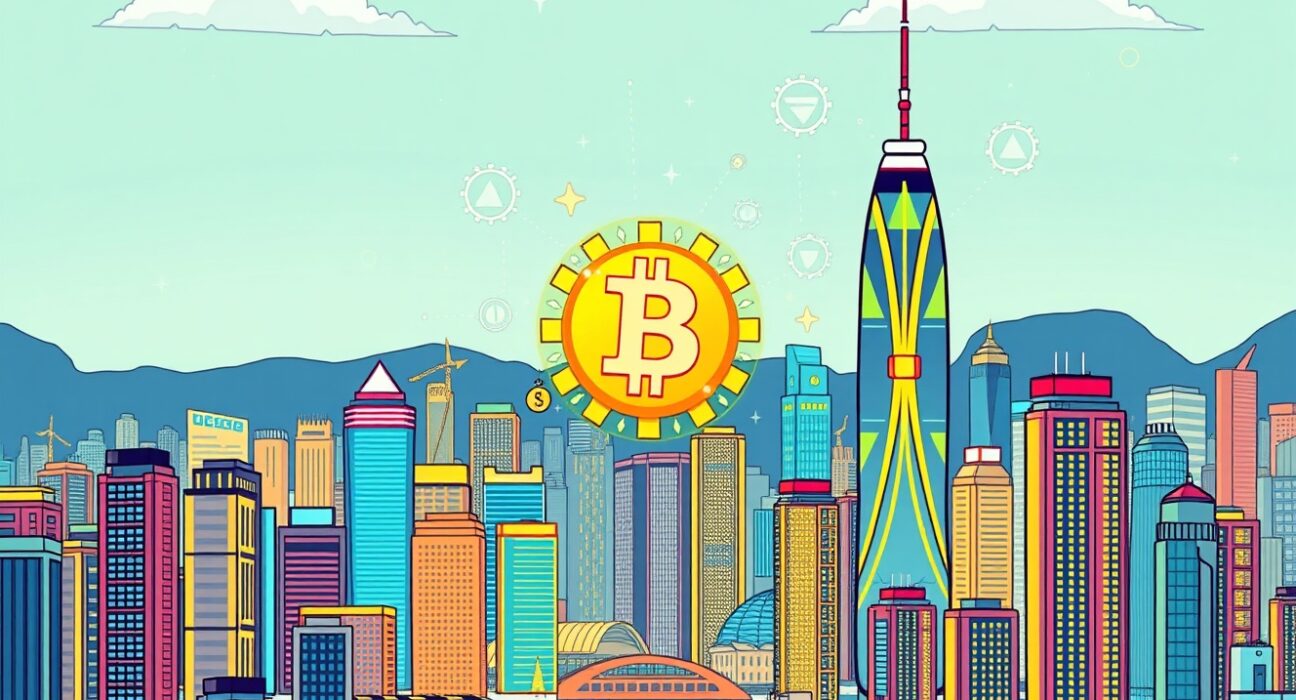 A cartoon illustration showing digital assets and blockchain technology, representing the HKMA's focus on tokenization for fintech growth.