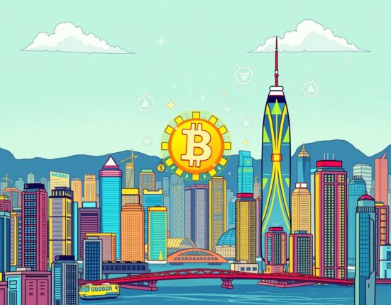 A cartoon illustration showing digital assets and blockchain technology, representing the HKMA's focus on tokenization for fintech growth.
