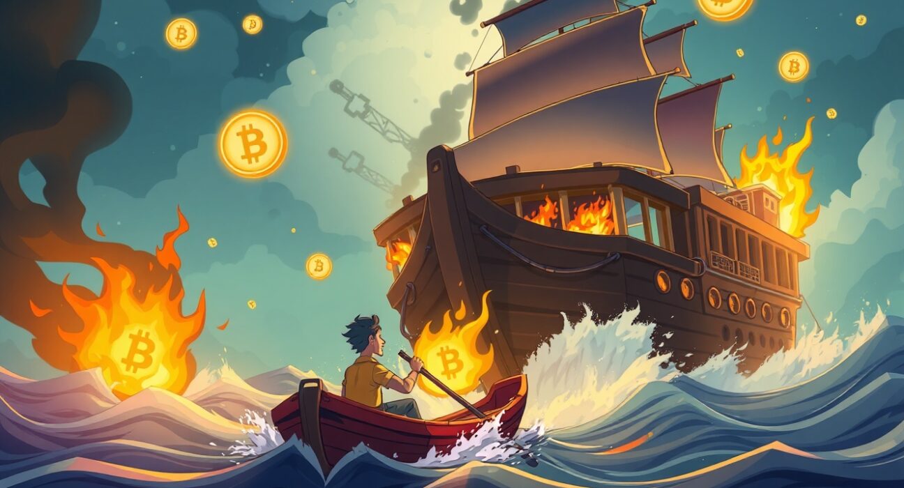 Michael Saylor's HODL Bitcoin survival strategy illustrated as lifeboat escape from market chaos