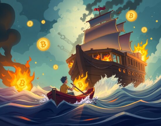 Michael Saylor's HODL Bitcoin survival strategy illustrated as lifeboat escape from market chaos