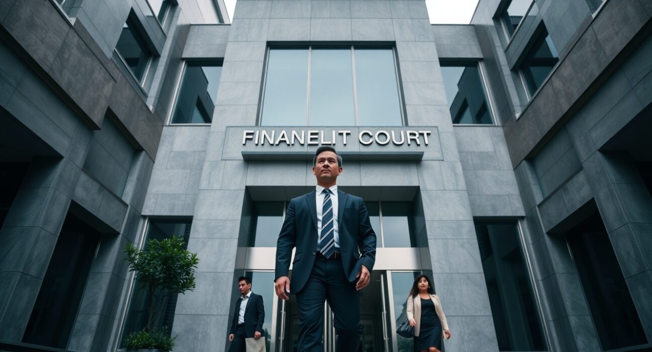 Singapore courthouse exterior with legal professionals entering, representing the Hodlnaut CEO fraud case
